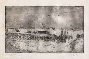 
 "Mehavn" by Rolf Nesch, a grayscale etching, drypoint, and aquatint on paper showcasing an abstracted harbor scene with dynamic sky, textured waves, and silhouetted maritime vessels against a low-lying coastline. The image features a contrast between dark and light elements, conveying mood and atmosphere.