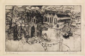  "Kirkenes" – an expressive etching on paper by artist Rolf Nesch, featuring a stylistic and abstract rendering of a town with clustered buildings in the foreground, more defined structures in the midground, and rolling hills in the background, all depicted in black ink with dynamic lines and shading for depth and texture.