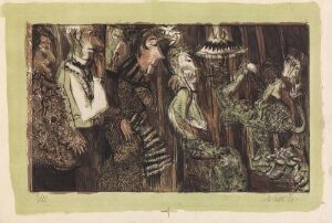  "In the Theatre Dressing Room" by Rolf Nesch, a fine art print depicting abstract figures in a backstage setting, with muted colors and textures suggesting costumes and preparations for a theatrical performance.