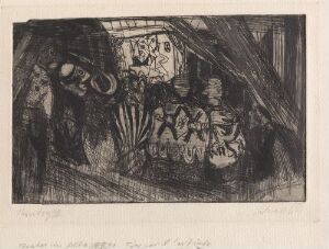  "Theatre in Alta" by Rolf Nesch, an expressionistic grayscale etching showing an abstract scene with distorted figures and a dynamic array of lines and textures, suggesting movement and energy, in an art piece created with etching and drypoint techniques on paper.