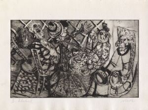  "At Dobbelt-Petra's" by Rolf Nesch, a black and white etching on paper featuring a lively and abstract scene with exaggerated figures and intricate textures created through various etching techniques.