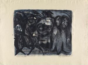  "The Entry of Christ into Jerusalem" by Rolf Nesch, a color lithograph on paper featuring abstract and expressionistic figures in shades of black, gray, and white, with a central figure surrounded by onlookers, all portrayed with bold strokes and intense emotion.