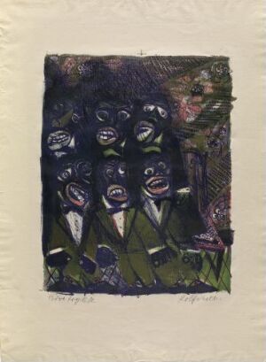 An abstract color lithography on paper by artist Rolf Nesch depicting a dense cluster of expressive, mask-like faces in deep blues and purples with highlights of white and subtle green. The figures are tightly packed, conveying a vivid sense of emotion or interaction.