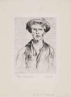  "Self-portrait" by Rolf Nesch, a drypoint fine art print on paper. The black-and-white portrait features a figure wearing a wide-brimmed hat with sketchy, varying thickness lines creating a textured outline of the artist's face and clothing against a pale background.