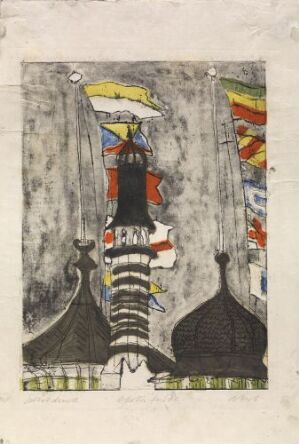  "Alsterlust" by Rolf Nesch, an expressionistic abstract etching on paper showing a tall central figure with a yellow top shape, flanked by stylized architectural forms with lively and contrasting colors, set against a gray, textured background.