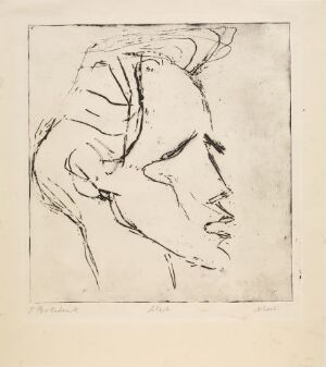  A self-portrait by Rolf Nesch, characterized by bold and expressive etched lines on paper, depicting the artist's profile with abstracted hair details, in a monochromatic black-on-white palette.