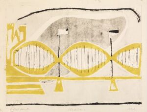  A fine art print titled "Elbbrücke II" by Rolf Nesch, featuring mustard yellow undulating geometric shapes at the bottom half and two simplified dark grey or black figures resembling lampposts or flags against a white to light grey gradient background, printed on paper.