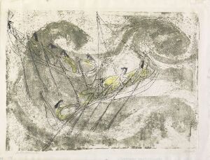  "Fishing Boats in Heavy Sea" by Rolf Nesch, a color metal print on paper depicting an abstract maritime scene with swirls of gray representing stormy waves and splashes of yellow suggesting fishing boats amidst heavy seas.