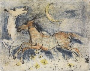  "Two Galloping Horses in Moonlight," an etching and aquatint artwork on paper by Rolf Nesch, depicting two stylized horses in mid-gallop with a crescent moon, displaying a muted palette of browns, blues, and yellows.