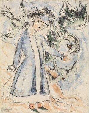  "The Merchant´s Daughter" by Rolf Nesch, a drypoint and colored aquatint on paper depicting the stylized figure of a young woman in a blue coat amidst abstract swirling patterns suggestive of wind, in muted tones of blue, white, and beige on cream paper.