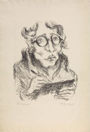   Lithograph on paper titled "Self-portrait Sketching" by Rolf Nesch, depicting the artist with pronounced features and glasses, concentrating on sketching, executed in dynamic, sketchy lines in black ink on off-white paper.