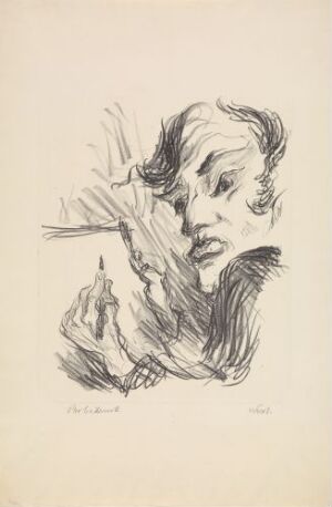  "Self-portrait Sketching" by Rolf Nesch, a monochromatic lithograph on paper depicting the artist with intense focus sketching with his right hand, executed with energetic and varied line work, emphasizing the act of creation.