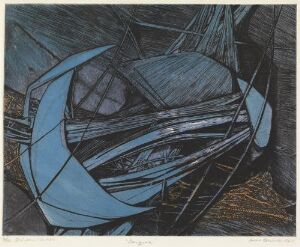  "Barque" by Anne Breivik is an abstract print on paper, depicting a stylized and fragmented boat hull in shades of deep blue and turquoise, with bold black lines outlining geometric shapes and hints of pale gray and white providing contrast, against a background of dark tones with occasional patches of gold or brown.