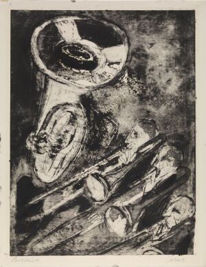  "Tuba and Trombones" - A monochromatic abstract print by Rolf Nesch, depicting the textural interplay of brass instruments with heavy emphasis on contrast and an energetically etched surface.