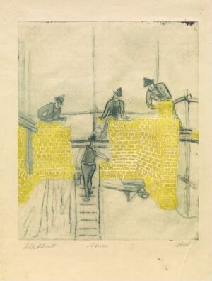  "Masons" by Rolf Nesch is an expressive fine art print featuring construction workers on scaffolding, with prominent yellow and green hues against a textured paper background, capturing the essence of manual labor and craftsmanship.