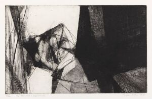  Abstract black and white etching titled "Granitt" by artist Inger Sitter, featuring a dynamic interplay of angular and organic shapes that evoke the raw energy of granite formations.