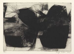  "Uten tittel" by Inger Sitter: An abstract intaglio print on medium-thick wove paper with overlapping geometric forms in dark black and gray shades, highlighted by a network of fine, intersecting lines creating a sense of movement within the composition.
