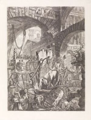  "The Man on the Rack" by Giovanni Battista Piranesi, an etching depicting a man being tortured on a rack in a dark dungeon-like environment with detailed stonework and arches, surrounded by obscure figures. The image has stark contrasts between light and shadow, providing a sense of depth and texture in a monochromatic palette.