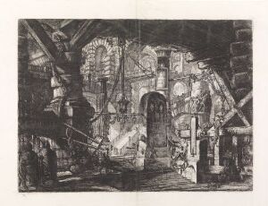  "The Pier with Chains" by Giovanni Battista Piranesi, a monochromatic etching depicting a classical quayside scene with heavy chains, architectural ruins, and various objects on the pier, using a rich contrast of light and shadow to convey depth and texture.