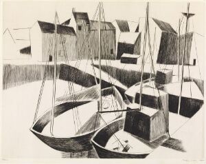  "Båter i Ethel," a black and white copperplate print by Inger Sitter, featuring an expressive and semi-abstract depiction of sailboats with detailed rendering of sails, hulls, and masts in sharp, angular lines against a backdrop of simplified geometric shapes suggestive of a coastal harbor.