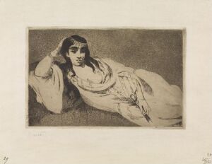  "Odalisque" by Édouard Manet, a grayscale print depicting a reclining woman propped up on her right elbow, dressed in loosely draped garments, with a demeanor of relaxed engagement, executed with etching techniques on warm-toned paper.