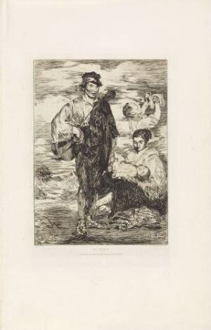  A black and white etching titled "The Gypsies" by Édouard Manet, featuring a standing woman with her hand on her hip in the foreground and a seated figure with knees drawn up in the middle ground, both captured in expressive lines against a lightly sketched outdoor background.