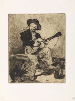  An etching by Édouard Manet titled "The Spanish Singer" showcasing a monochrome depiction of a male performer wearing a wide-brimmed hat and playing a guitar, with expressive use of light and shadow highlighting the intricacies of his attire and his absorbed demeanor.