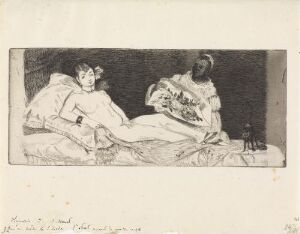  "Olympia" by Édouard Manet, etching and aquatint print on paper depicting a nude woman laying on a bed, looking at the viewer, with a maid behind her holding flowers.