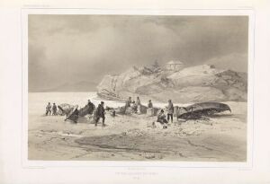  "Fra Bossekop i Finnmark," a lithograph on paper by Barthélémy Lauvergne depicting a group of figures in arctic clothing around overturned boats on snow, with glaciated mountains in the background, invoking a muted palette of grays and whites.