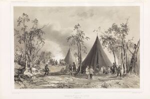  A black and white lithograph titled "Karasjok, første stopp i Sameland den 7. september 1839" by Barthélémy Lauvergne depicting a Sámi encampment with a large central lavvu and several figures engaged in daily activities surrounded by sparse trees, representing a serene day in the early nineteenth century Sápmi region, with an emphasis on cultural authenticity and natural harmony.