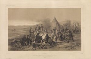  Historical lithograph by Sébastien-Charles Giraud depicting a gathering of Sami people and the Nordic Commission in Lupsakoppi, Finnmark on September 8, 1839. The monochrome image shows a group around a fire with a traditional Sami tent in the background, reindeer nearby, and a vast Arctic landscape under a dramatic sky.