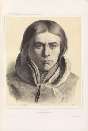  A monochromatic lithograph by Sébastien-Charles Giraud titled "Anders Person fra Kautokeino" depicting a male with long, straight hair, wearing traditional attire with a fur-lined hood or collar. The portrait is executed in shades of white to black, emphasizing textures and a poignant gaze.