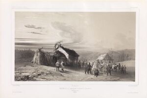  "Nordkommisjonen ankommer Galánito den 14. september 1839" — A black and white lithograph by Barthélémy Lauvergne, depicting a group of 19th-century figures, some on horseback, arriving at a rural location with a thatched-roof dwelling and a small shelter, set against an open landscape and a detailed sky.