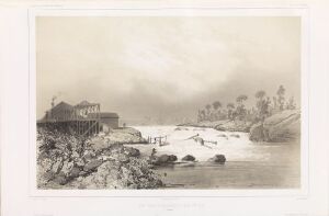  "Fra Kengisbruk" - A monochromatic lithograph by Barthélémy Lauvergne depicting a historical landscape with a wooden building over water, rocks, trees, people, and rapids under an overcast sky.