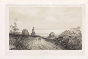  "Fra Mattarengi" by Barthélémy Lauvergne, a lithographic print on paper showing a monochrome, detailed 19th-century European village scene with a dirt road leading to the horizon, a leafless tree, a horse-drawn carriage in the mid-ground, quaint buildings, and a church with a spire.