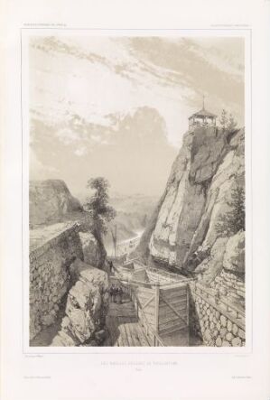  Sepia-toned lithograph titled "De gamle slusene ved Trollhättan" by artist Auguste Etienne François Mayer, depicting the historical lock system at Trollhättan with a detailed landscape of stone structures and flowing water, executed with a rich range of light and dark shades to signify depth and texture.