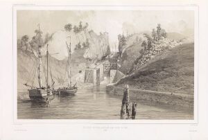  "Slusene ved Trollhättan sett nedenfra" by Auguste Etienne François Mayer is a black and white lithograph depicting a serene maritime scene with sailing ships anchored in calm water near a lock system, flanked by rocky embankments and sparse foliage, with a soft sky above.