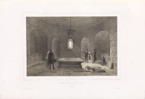  Black and white lithograph by Auguste Etienne François Mayer titled "Gravkapell i kirken i Vreta kloster" depicting an interior view of a burial chapel with a prominent stone sarcophagus and three contemplative figures standing beside it. The room is characterized by heavy stone architecture with arched doorways, a chandelier hanging from the ceiling, and a quiet and historical atmosphere.