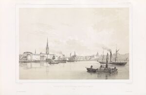  Sepia-toned lithograph titled "Andre panorama over Stockholm, sett fra Mälaren" by Auguste Etienne François Mayer featuring a serene view of Stockholm's skyline with church spires from Lake Mälaren, including several small boats in the foreground on calm waters, all depicted in shades of brown and cream with fine details and shading.