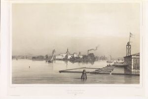  Lithograph by Auguste Etienne François Mayer titled "Serafimerhospitalet i Stockholm sett fra Riddarholmen," showcasing a calm, overcast harbor scene with cranes and masts in the background, and the faint outline of a city at the edge of the water. The artwork's muted gray tones create a serene historical depiction of Stockholm's waterfront.