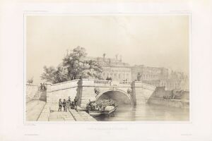  An intricate black-and-white lithograph by Auguste Etienne François Mayer titled "Bro over til Riddarholmen, Stockholm" featuring an arched bridge with decorative balustrades, horse-drawn carriage and figures in period attire on the bridge, a boat on the water below, and classical European buildings in the background.