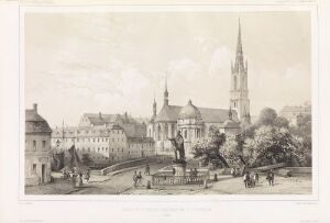  A black and white lithograph by Auguste Etienne François Mayer depicting the Franciscan church, Riddarholmskyrkan, in Stockholm. The artwork captures a detailed and serene cityscape with intricate architecture and scattered figures, rendered in shades of grey on paper.