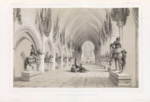  Grayscale lithograph titled "Det indre av Riddarholmskirken i Stockholm" by Auguste Etienne François Mayer, depicting the interior of the Riddarholmen Church with gothic arches, statues on pedestals, and scattered figures evoking the historical and royal significance of the church.