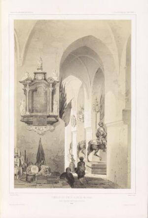  Black-and-white lithograph by Auguste Etienne François Mayer titled "Graven til grev Jean de Mornay i Riddarholmskirken i Stockholm," portraying a detailed interior of Riddarholmen Church with three figures around an ornate tomb in a tranquil, light-filled setting.