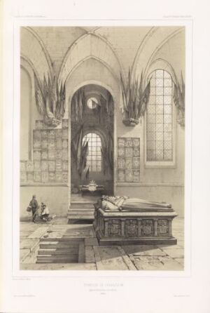  A monochromatic lithograph by Auguste Etienne François Mayer titled "Karl XIIs grav i Riddarholmskirken i Stockholm" depicting the interior of Riddarholm Church with the ornate tomb