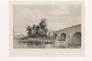  Litograph on paper by Auguste Etienne François Mayer titled "Stockholm Slott", portraying a serene view of Stockholm Palace with arching bridges, a rowboat on the water in the foreground, a natural islet with trees in the center, and a detailed depiction of the palace in the background under a softly shaded sky.