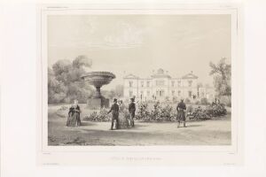  A monochromatic lithograph by Auguste Etienne François Mayer, titled "Rosendal Slott i Stockholm," features the symmetrical Renaissance architecture of Rosendal Palace surrounded by several 19th-century figures in period attire, a well-kept garden, and an elaborate fountain, conveying a serene and aristocratic atmosphere.