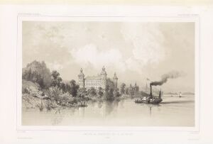  Sepia-toned lithograph "Skokloster Slott ved Mälaren" by Auguste Etienne François Mayer, displaying the grand Skokloster Castle on Lake Mälaren with a paddle-steamer emitting smoke on the right, amidst a landscape of gentle shores under a cloud-laden sky.