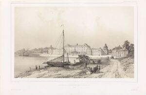  "Drottningholm Slott ved Mälaren," a monochromatic lithograph by Auguste Etienne François Mayer, showing a serene view of the lake Mälaren with a docked three-masted ship in the foreground and the historical Drottningholm Palace in the distance, under a softly clouded sky.