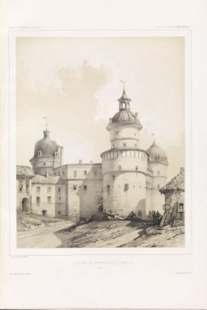  "Gripsholm Slott ved Mälaren" - A monochromatic lithograph by Auguste Etienne François Mayer, depicting the historical Gripsholm Castle with its rounded towers and cone-shaped roofs beside Lake Mälaren, rendered in shades of gray.